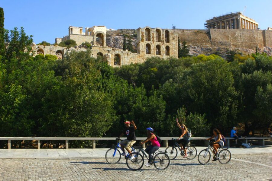 Athens: City Bike tour with Acropolis Visit Option - Getting rolling near the Acropolis metro station