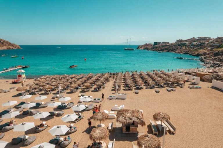 Mykonos: Super Paradise Beach with Sunbed at Thalas Mykonos - How the reserved sunbed works (rows 1 to 8, arrival cut-off, all-day use)