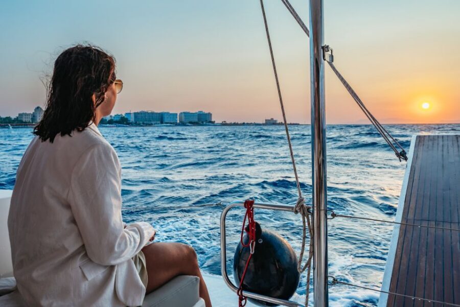 Rhodes: Sunset Catamaran Cruise with Dinner Buffet & Drinks - Kalithea Bay Swim Stop: Anchored Swimming, Snorkel Gear, and Real Water Time