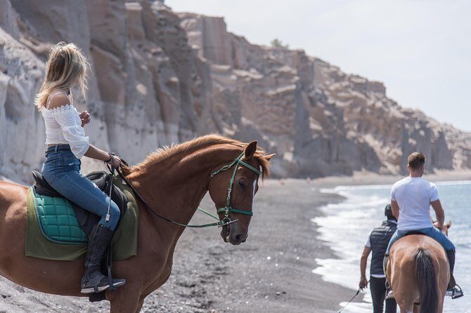 Santorini Horse Riding to Black Sandy Beach - The main event: riding to Eros Black Sandy Beach and into the water