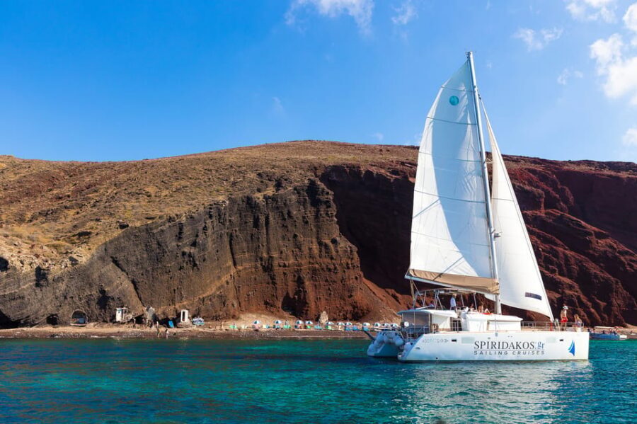 Santorini: Sailing Catamaran Cruise with BBQ and Drinks - The route: Red Beach, White Beach, Lighthouse, and the caldera approach