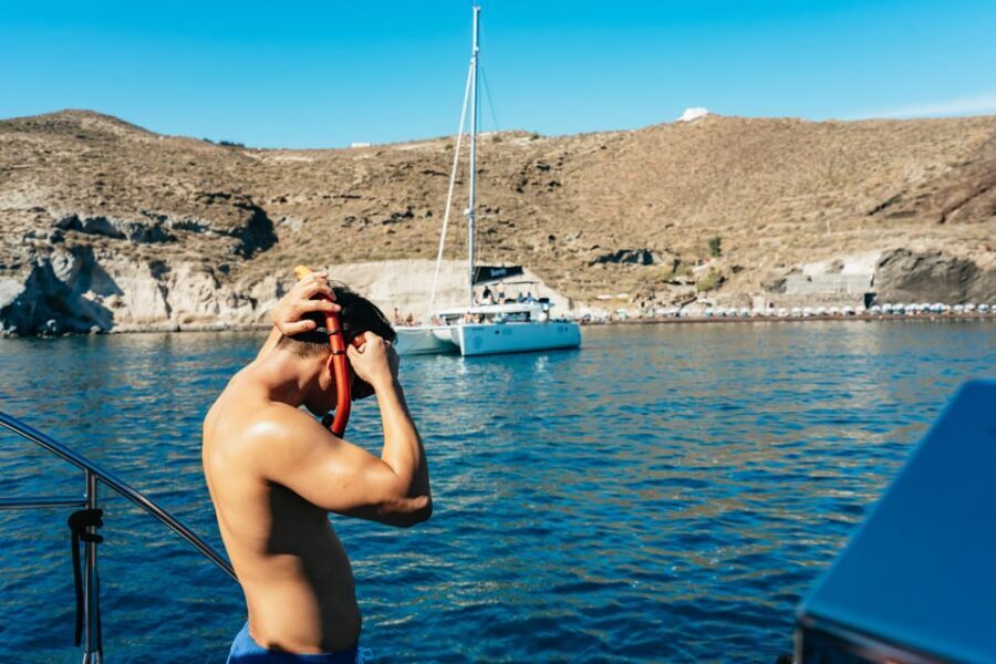 Santorini: Sailing Catamaran Cruise with BBQ and Drinks - Mesa Pigadia Bay: the BBQ and the longest swim block